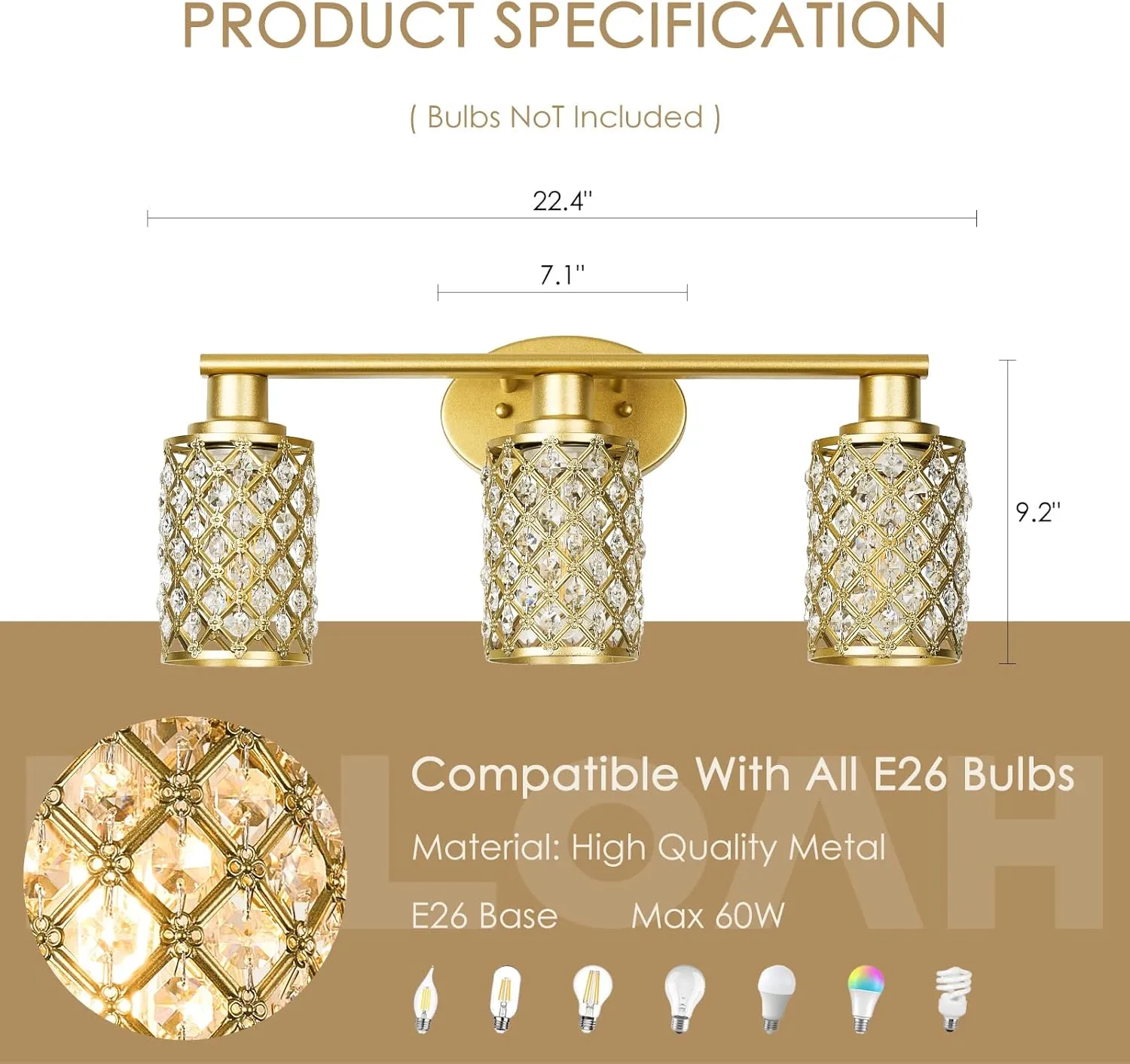 3 Light Gold Vanity Light Fixtures, Modern Farmhouse Vanity Light, Bathroom Lights Over Mirror,Crystal Vanity Lighting Fixtures for Bathroom,Powder Room