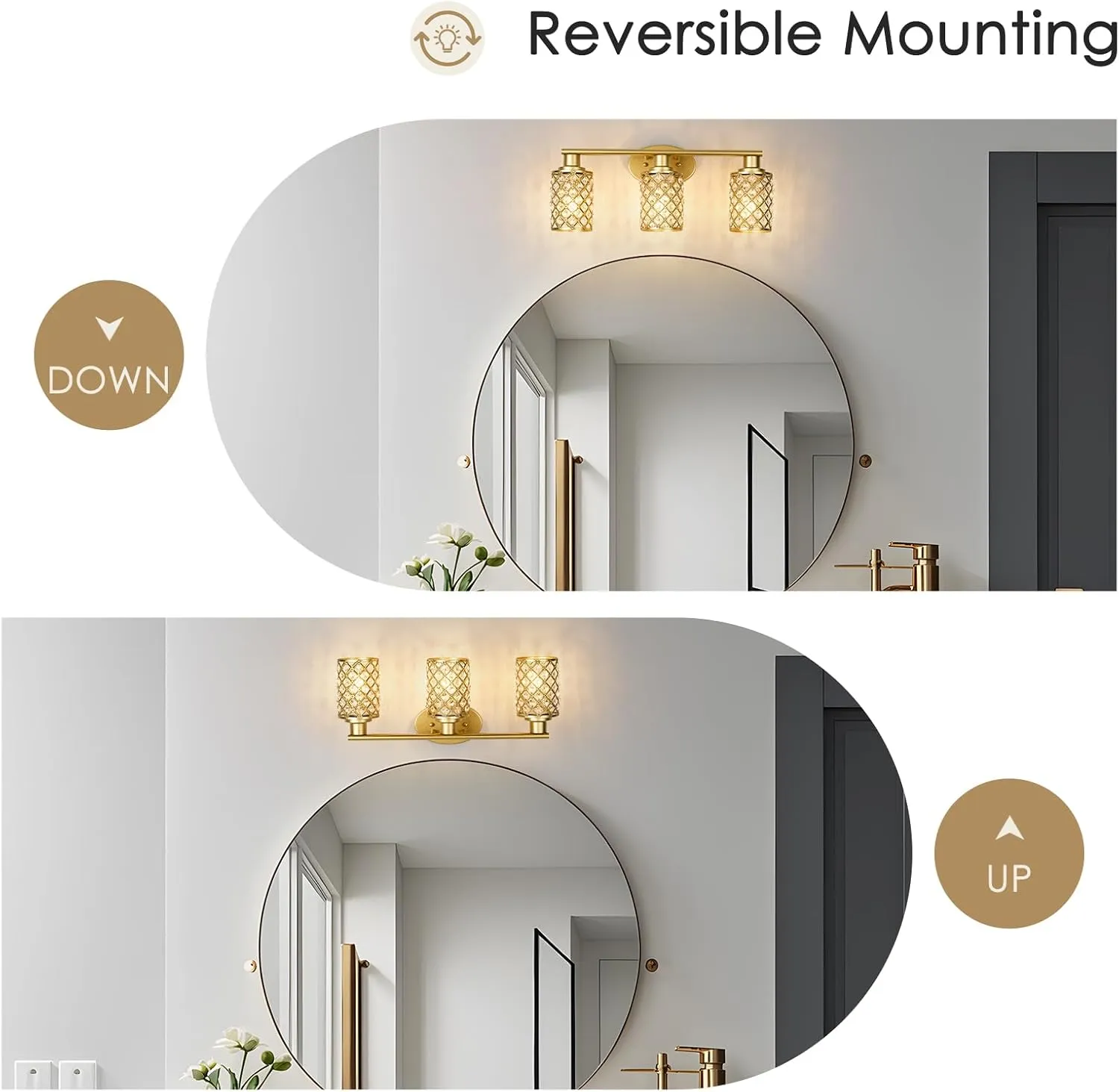 3 Light Gold Vanity Light Fixtures, Modern Farmhouse Vanity Light, Bathroom Lights Over Mirror,Crystal Vanity Lighting Fixtures for Bathroom,Powder Room