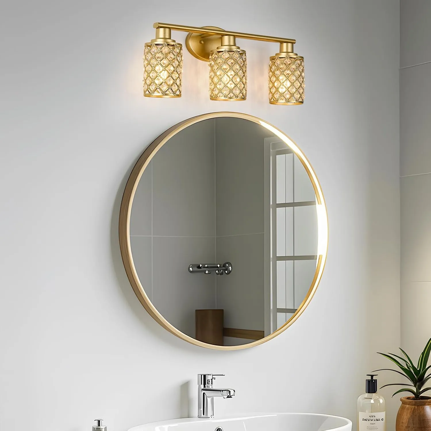 3 Light Gold Vanity Light Fixtures, Modern Farmhouse Vanity Light, Bathroom Lights Over Mirror,Crystal Vanity Lighting Fixtures for Bathroom,Powder Room