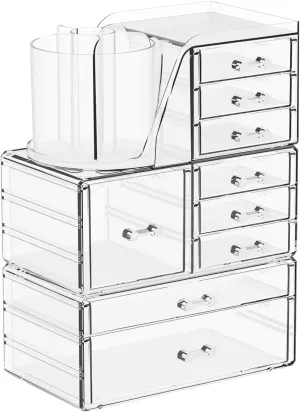 3 Pack Clear Makeup Organizer Countertop,9 Drawers Bathroom Vanity Organizer with Make up Brush Holder,Make up Organizers for Counter,Skincare Organizers for Dresser Top Beauty,Hair Product Organizer