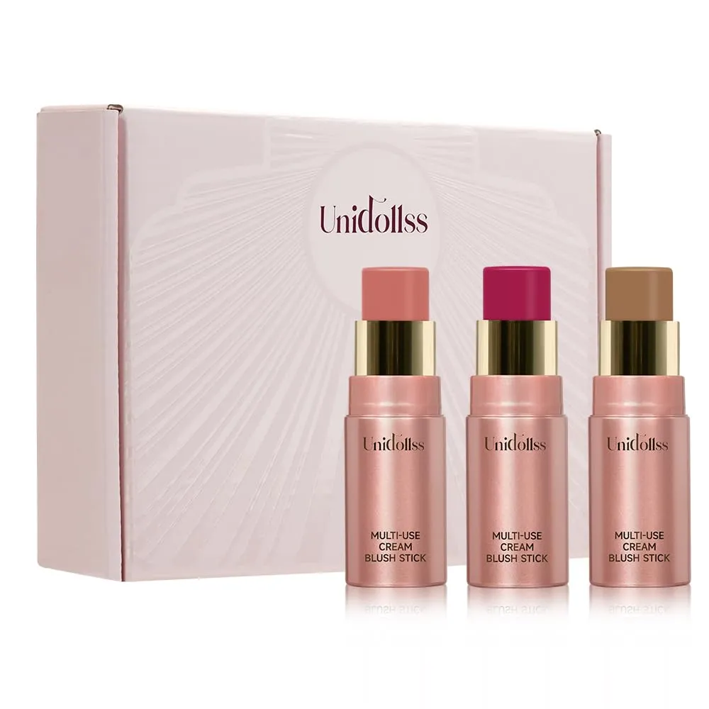 3 Pcs Multi-Use Makeup Cream Blush Stick Set, Unidollss 3-in-1 Buildable Bronzer Blush Stick Set, Hydrating formula, All day wear, Easy Application with a Random Accessory Included(02,04,05)
