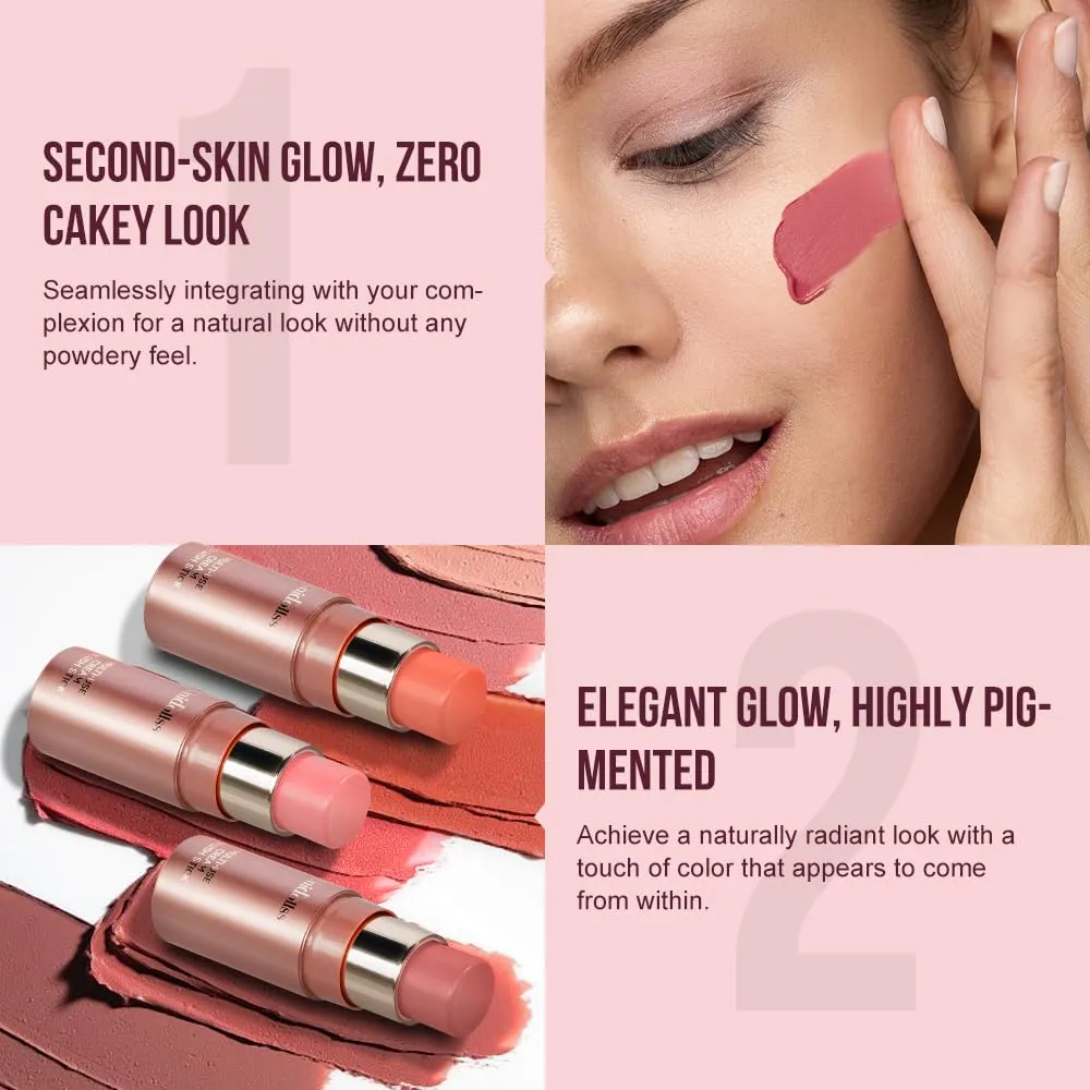 3 Pcs Multi-Use Makeup Cream Blush Stick Set, Unidollss 3-in-1 Buildable Bronzer Blush Stick Set, Hydrating formula, All day wear, Easy Application with a Random Accessory Included(02,04,05)