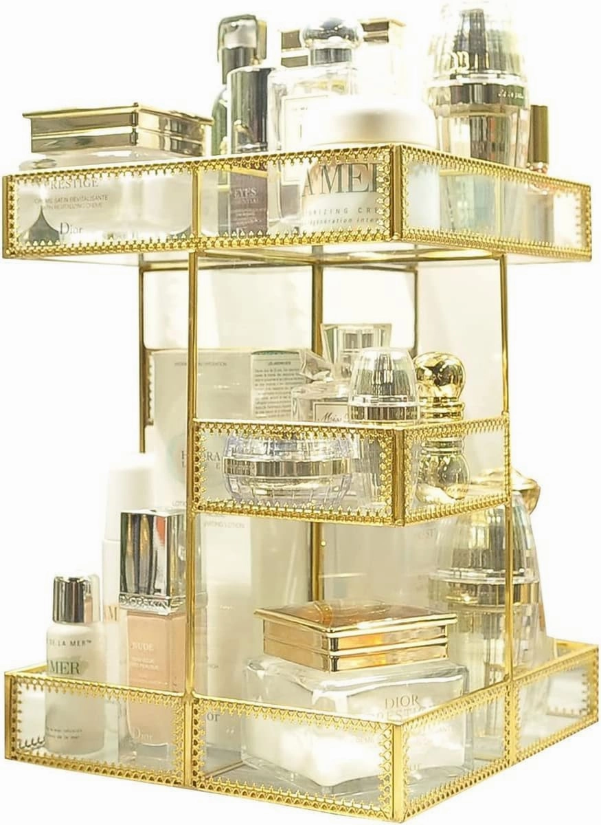 360 Degree Rotation Makeup Organizer,Antique Countertop Cosmetic Storage Box Mirror Glass Beauty Display,Gold Spin Large Capacity Holder for Brushes Lipsticks Skincare Toner