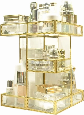360 Degree Rotation Makeup Organizer,Antique Countertop Cosmetic Storage Box Mirror Glass Beauty Display,Gold Spin Large Capacity Holder for Brushes Lipsticks Skincare Toner