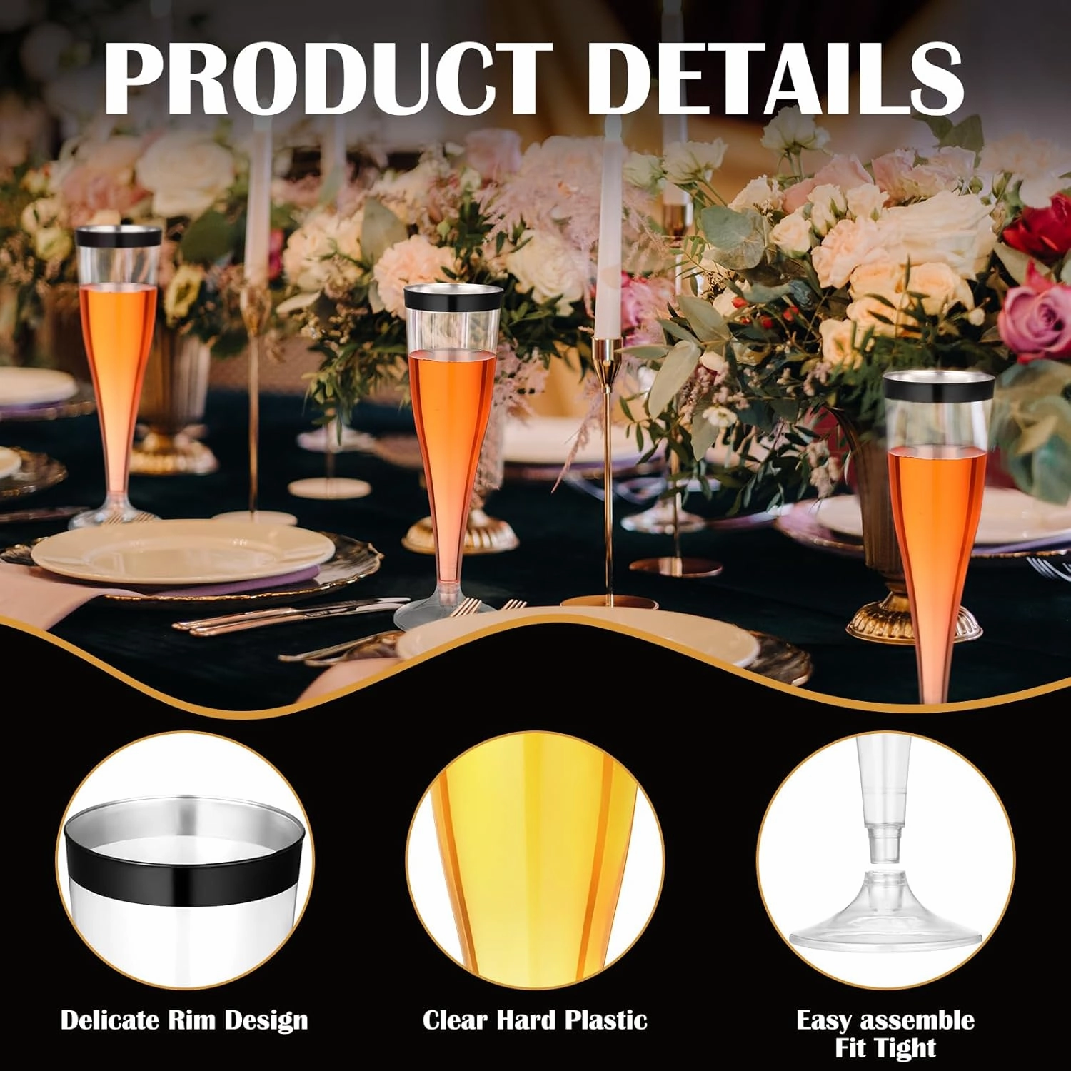 36 Pcs Disposable Plastic Champagne Flutes 4. 5 oz Clear Toasting Glasses Plastic Cocktail Cups Wine Champagne Glass for Wedding Graduation Birthday Party Decoration (Black)