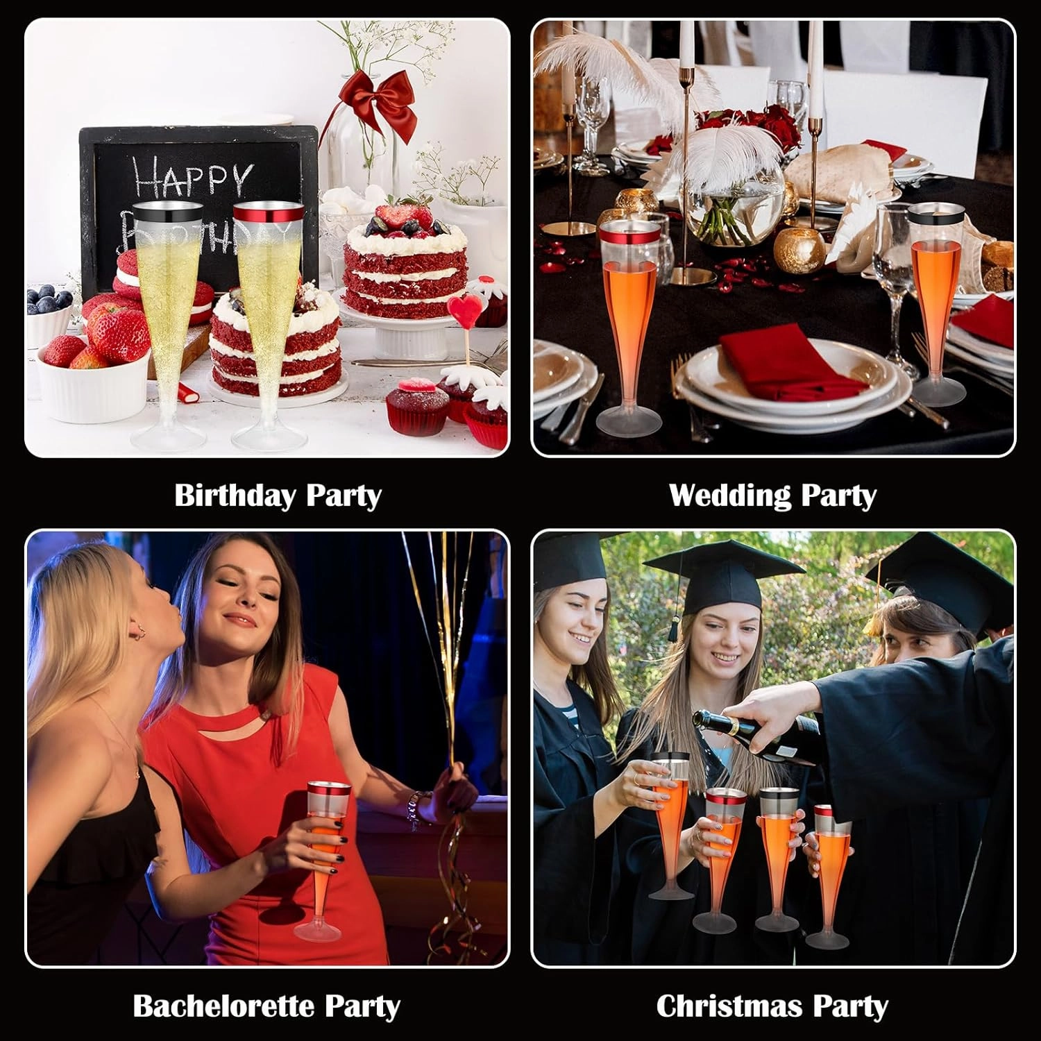 36 Pcs Disposable Plastic Champagne Flutes 4. 5 oz Clear Toasting Glasses Plastic Cocktail Cups Wine Champagne Glass for Wedding Graduation Birthday Party Decoration (Black,Red)
