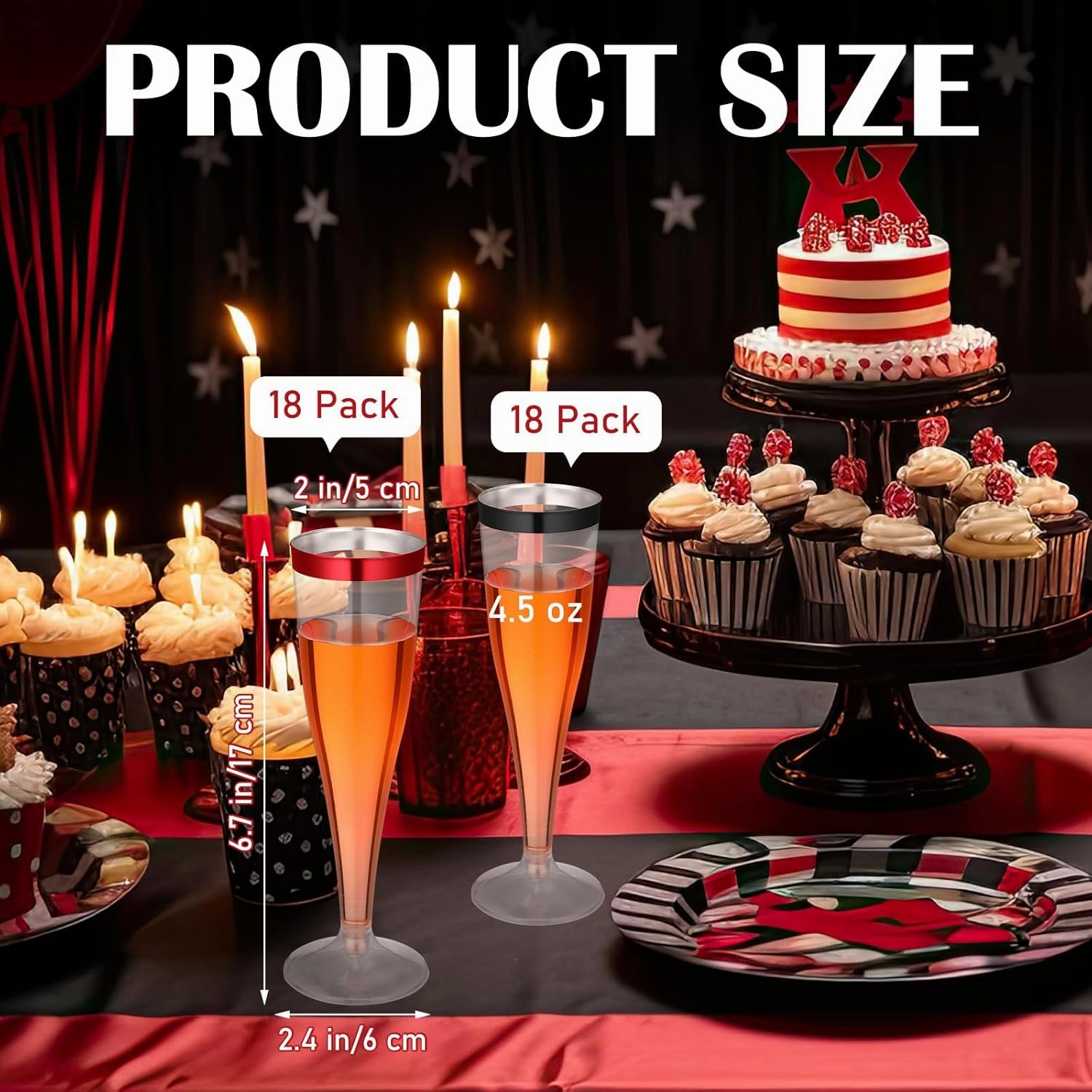 36 Pcs Disposable Plastic Champagne Flutes 4. 5 oz Clear Toasting Glasses Plastic Cocktail Cups Wine Champagne Glass for Wedding Graduation Birthday Party Decoration (Black,Red)