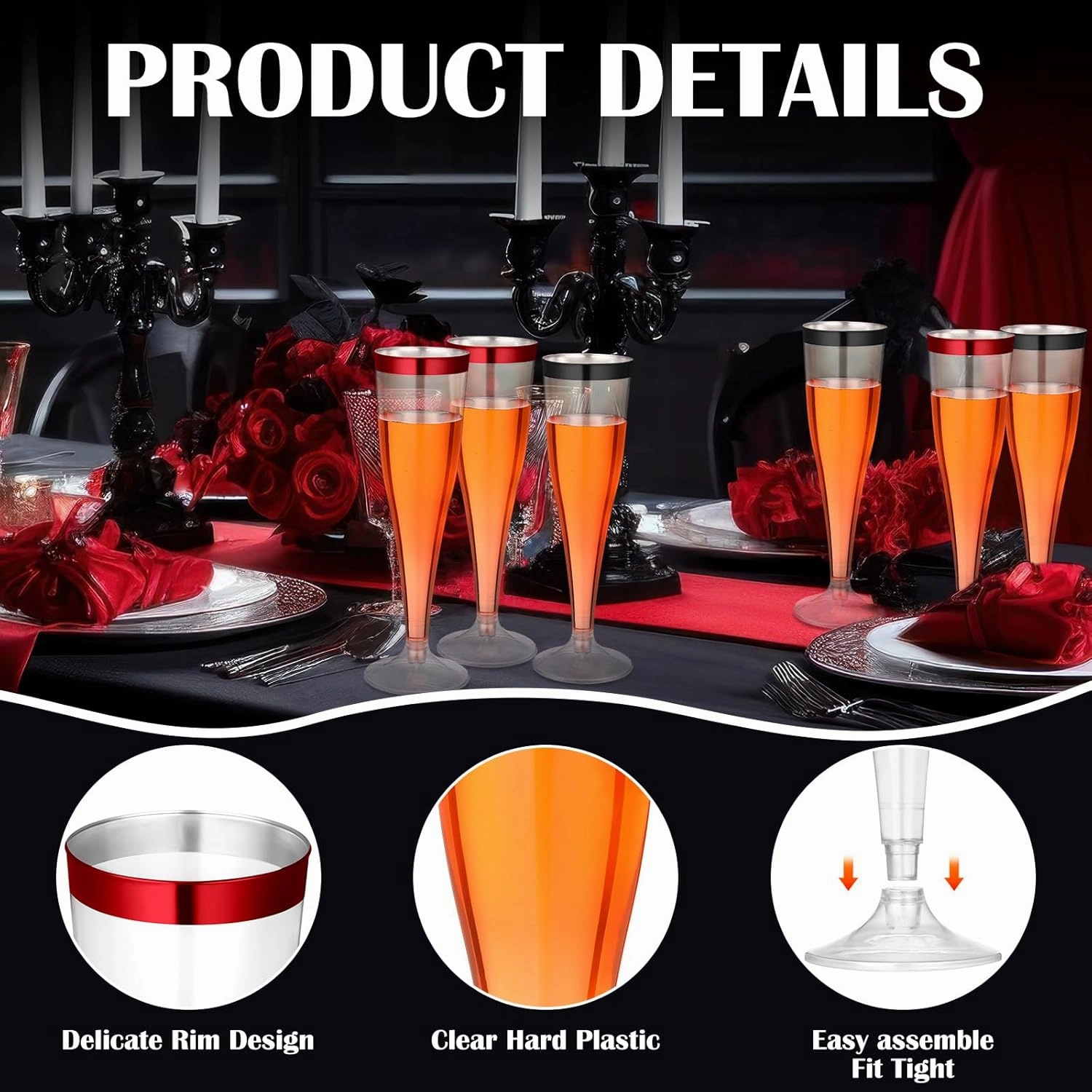 36 Pcs Disposable Plastic Champagne Flutes 4. 5 oz Clear Toasting Glasses Plastic Cocktail Cups Wine Champagne Glass for Wedding Graduation Birthday Party Decoration (Black,Red)
