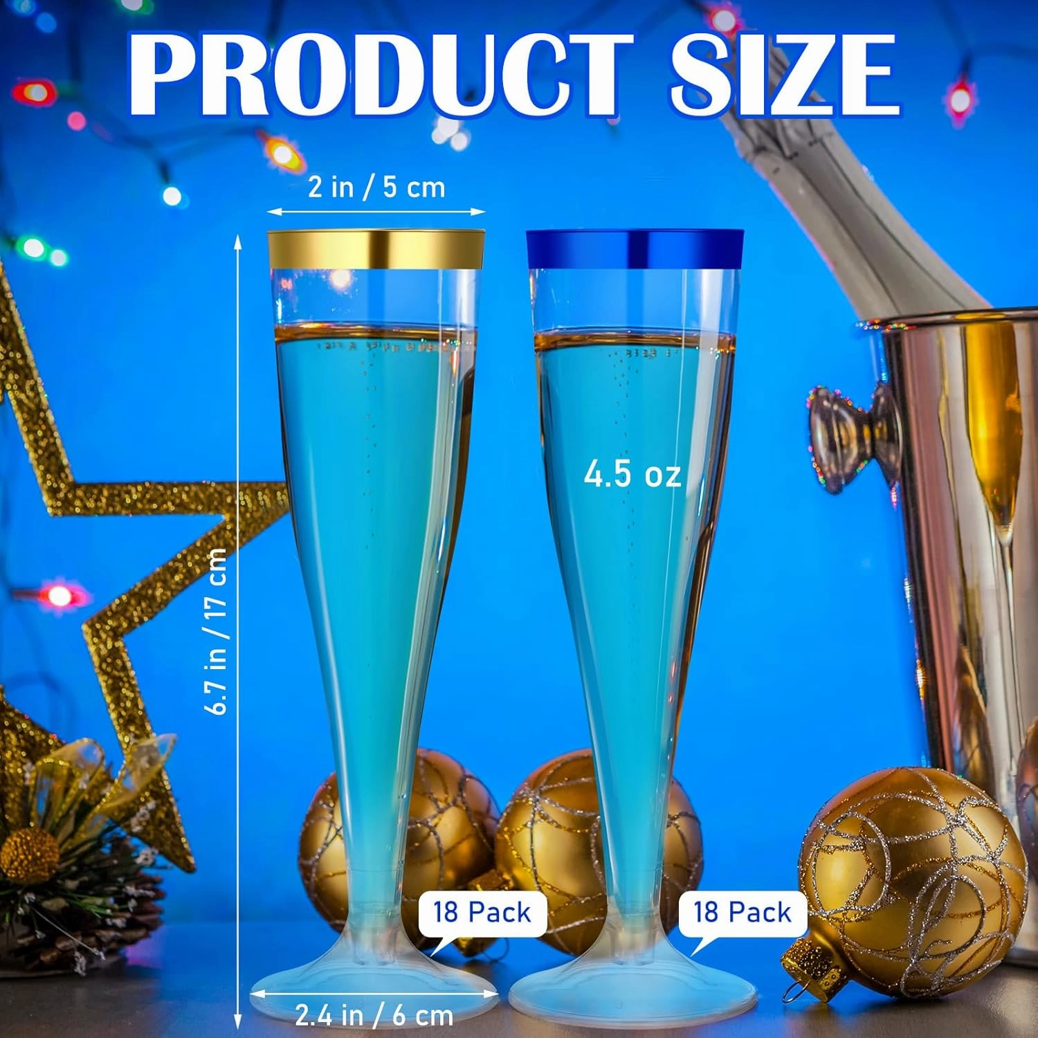 36 Pcs Disposable Plastic Champagne Flutes 4. 5 oz Clear Toasting Glasses Plastic Cocktail Cups Wine Champagne Glass for Wedding Graduation Birthday Party Decoration (Blue,Gold)
