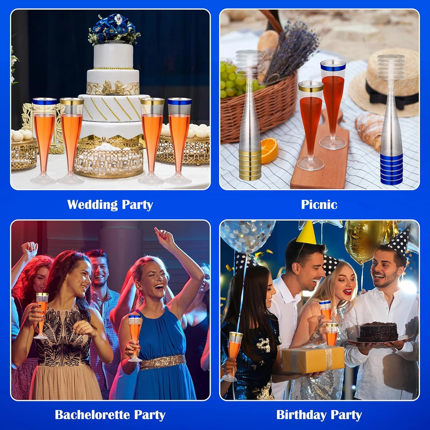 36 Pcs Disposable Plastic Champagne Flutes 4. 5 oz Clear Toasting Glasses Plastic Cocktail Cups Wine Champagne Glass for Wedding Graduation Birthday Party Decoration (Blue,Gold)