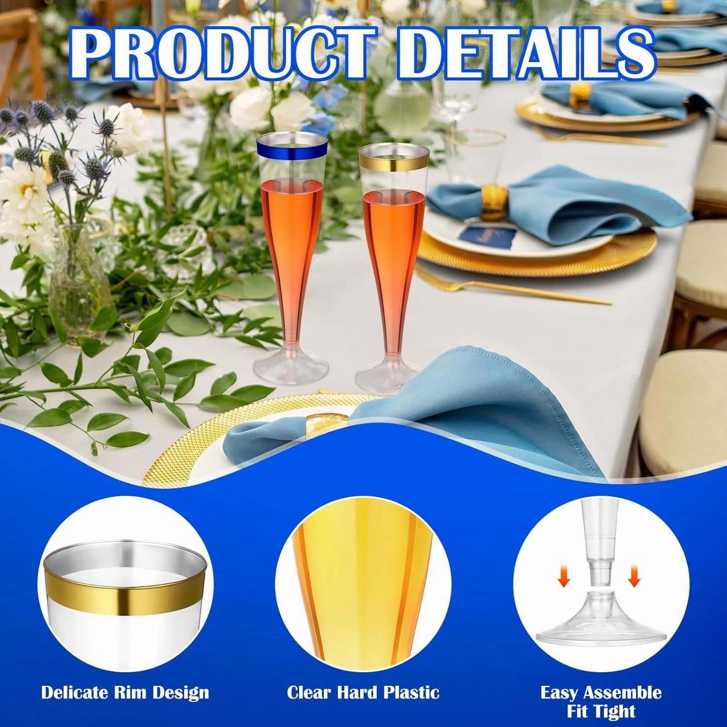 36 Pcs Disposable Plastic Champagne Flutes 4. 5 oz Clear Toasting Glasses Plastic Cocktail Cups Wine Champagne Glass for Wedding Graduation Birthday Party Decoration (Blue,Gold)