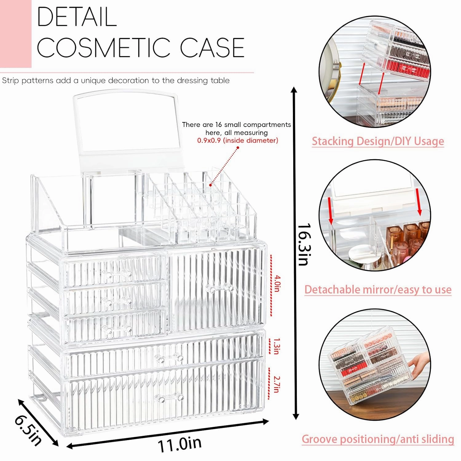 3 Pack Clear Skincare Organizer,Make up Organizers for Vanity - WIth 6 drawers and 1 Mirror- Cosmetic Storage for Dresser Top,Bathroom,Countertop Makeup Organizers for Beauty,Brush,Lipstick,Skin Care