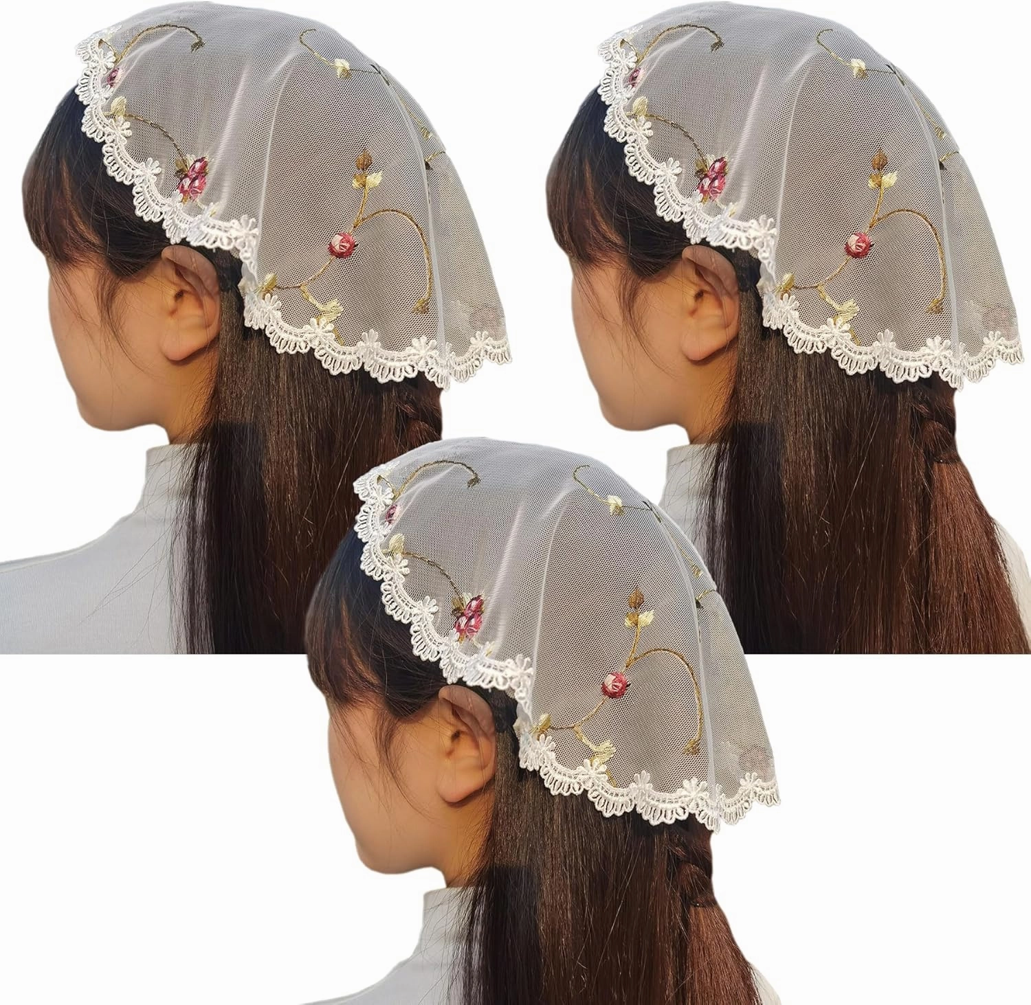 3 Pcs Ivory Rose Embroidered Lace Chapel Cap Veil Rounded Chapel Cap Ivory Small Round Chapel Cap Veil M33