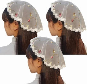3 Pcs Ivory Rose Embroidered Lace Chapel Cap Veil Rounded Chapel Cap Ivory Small Round Chapel Cap Veil M33