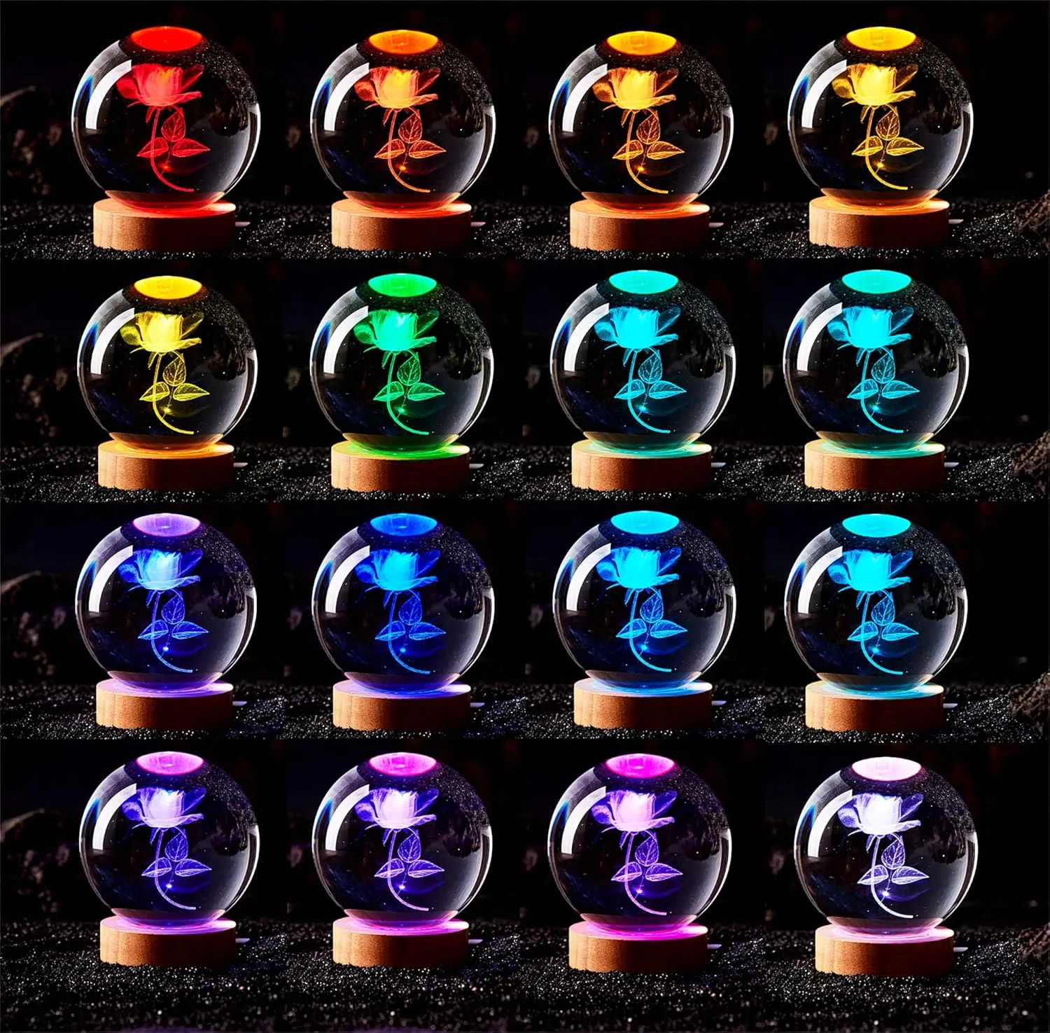 3D Rose Crystal Ball Lamp,3.15 inch Crystal Ball Night Light with Wooden Base,16 Colors Changing Light,Dimmable Remote Control,Rose Flower Desk lamp (G)