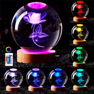 3D Rose Crystal Ball Lamp,3.15 inch Crystal Ball Night Light with Wooden Base,16 Colors Changing Light,Dimmable Remote Control,Rose Flower Desk lamp (G)