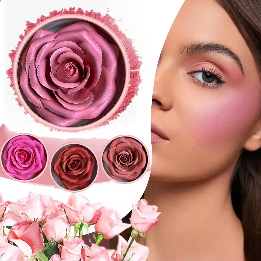 3d Rose Petal Blush, Rose Makeup Flower Petal Blush for Cheeks, Natural Glowing Redness Long Lasting Buildable Color, Contouring and Brightening, Makeup Powder blusher as Festival Gifts