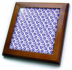 3dRose 8x8 Framed Tile - Two Kisses Collided Lip Bold Blue Lips Pattern Pattern - Lipstick Kisses
