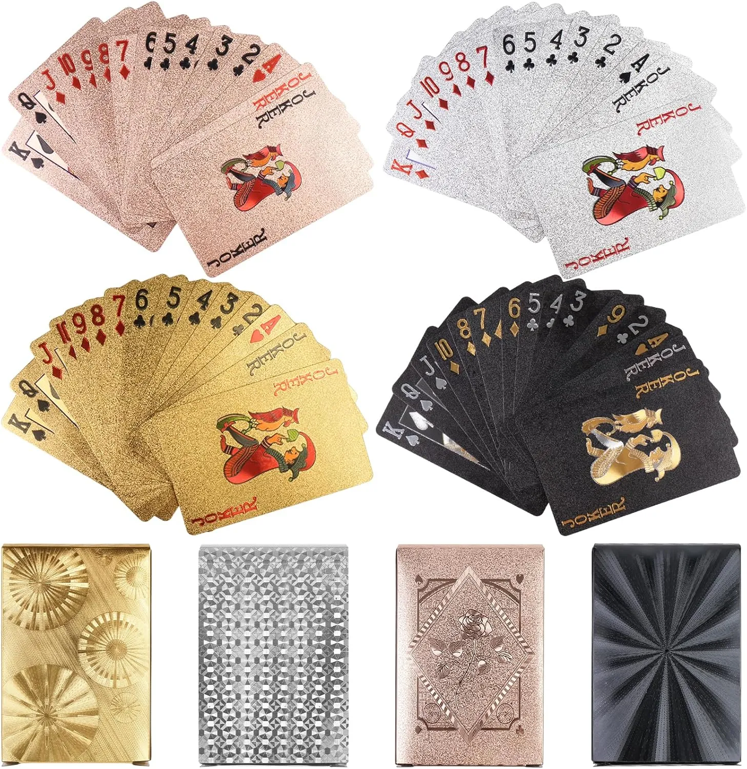 4 Decks Waterproof Playing Cards Plastic Gold Foil Playing Card Standard Poker Cards 4 Colors Cool Games Gifts for Adults Family Party and Game(Gold Silver Rose Gold Black)