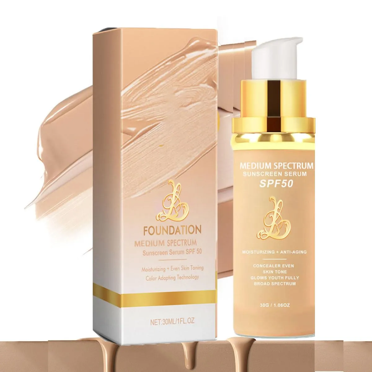 4-in-1 Foundation - Light/Medium Spectrum, Match Skin Color Changed, Waterproof, SPF 50  Concealers (Medium, Spectrum)