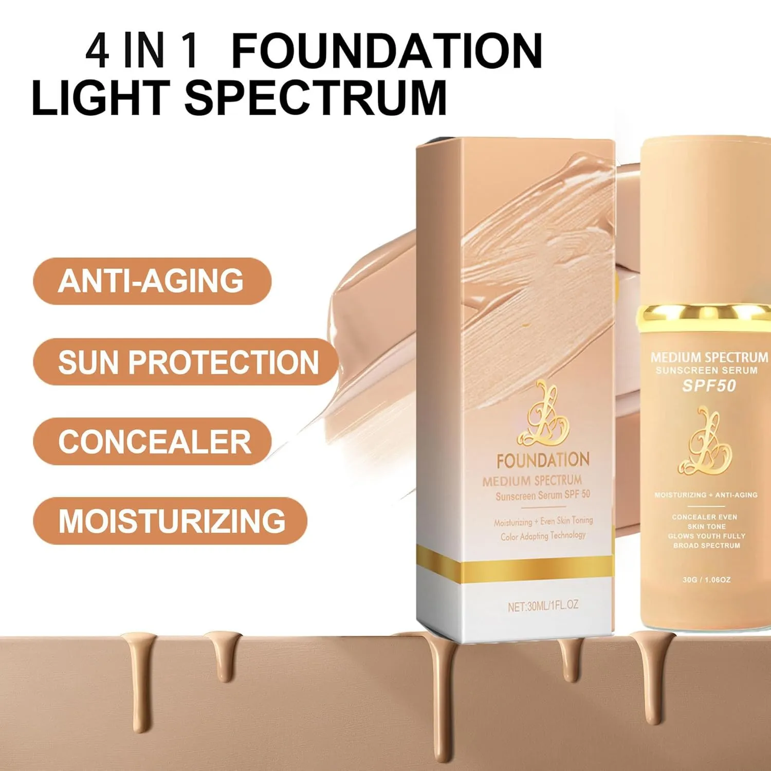 4-in-1 Foundation - Light/Medium Spectrum, Match Skin Color Changed, Waterproof, SPF 50  Concealers (Medium, Spectrum)