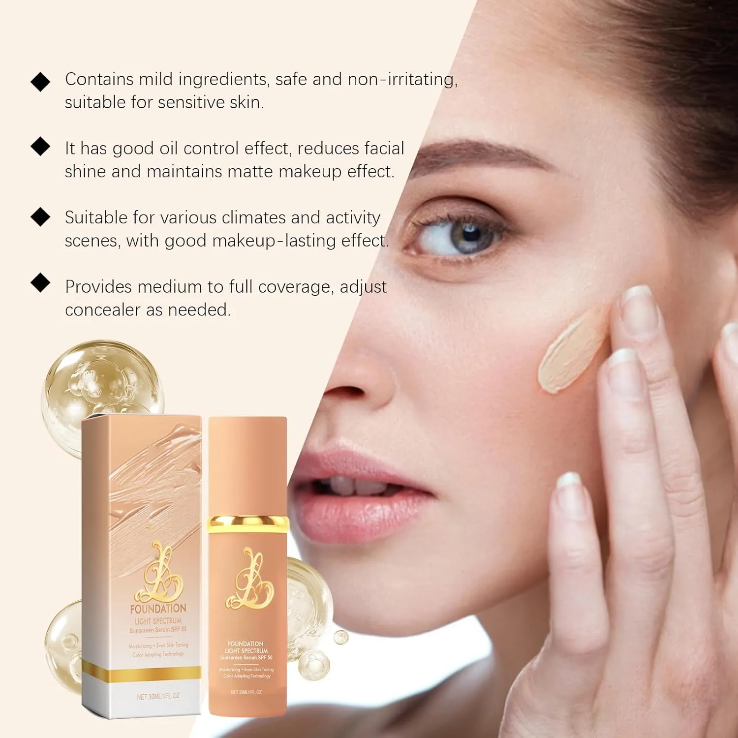 4-in-1 Foundation - Light/Medium Spectrum, Match Skin Color Changed, Waterproof, SPF 50  Concealers (Medium, Spectrum)