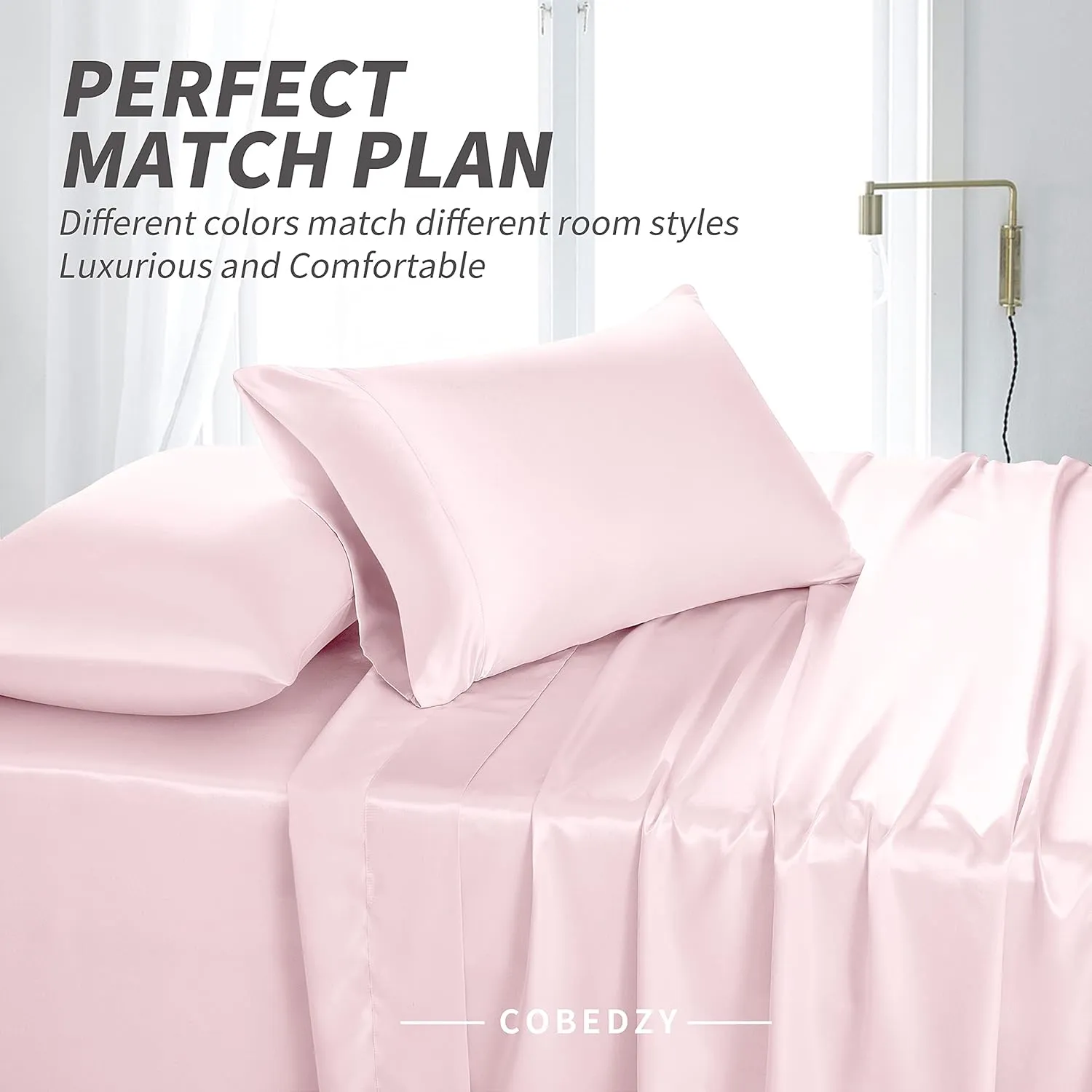 4 Pcs Blush Pink Satin Sheets Full Size Silky Satin Bedding Sheets Set with 1 Deep Pocket Fitted Sheet, 1 Flat Sheet, 2 Pillowcase