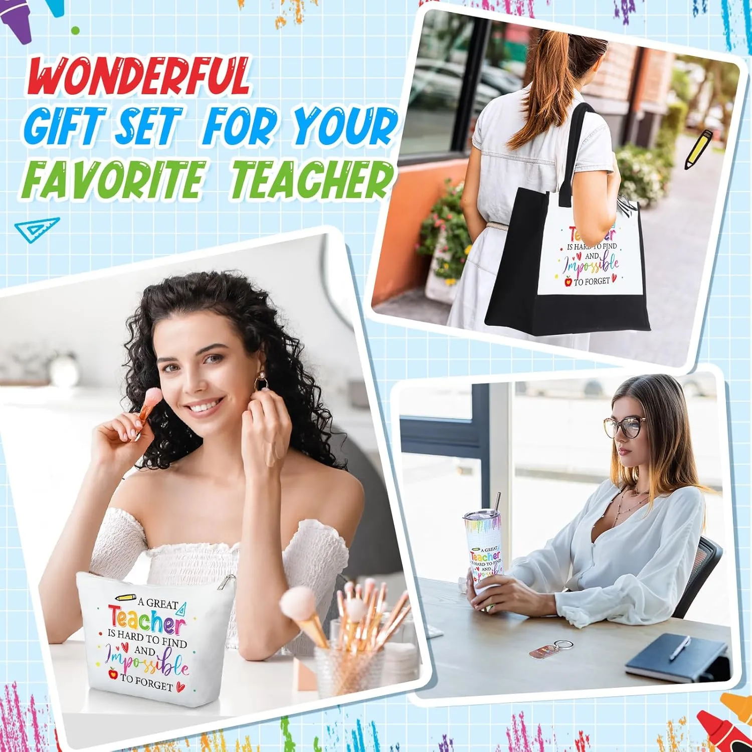 4 Pcs Teacher Appreciation Gifts Set Include 20 oz Vacuum Teacher Tumbler, Appreciation Teacher Tote Bag and Makeup Bag, Keychain Back to School Gifts for Teachers (Classic)