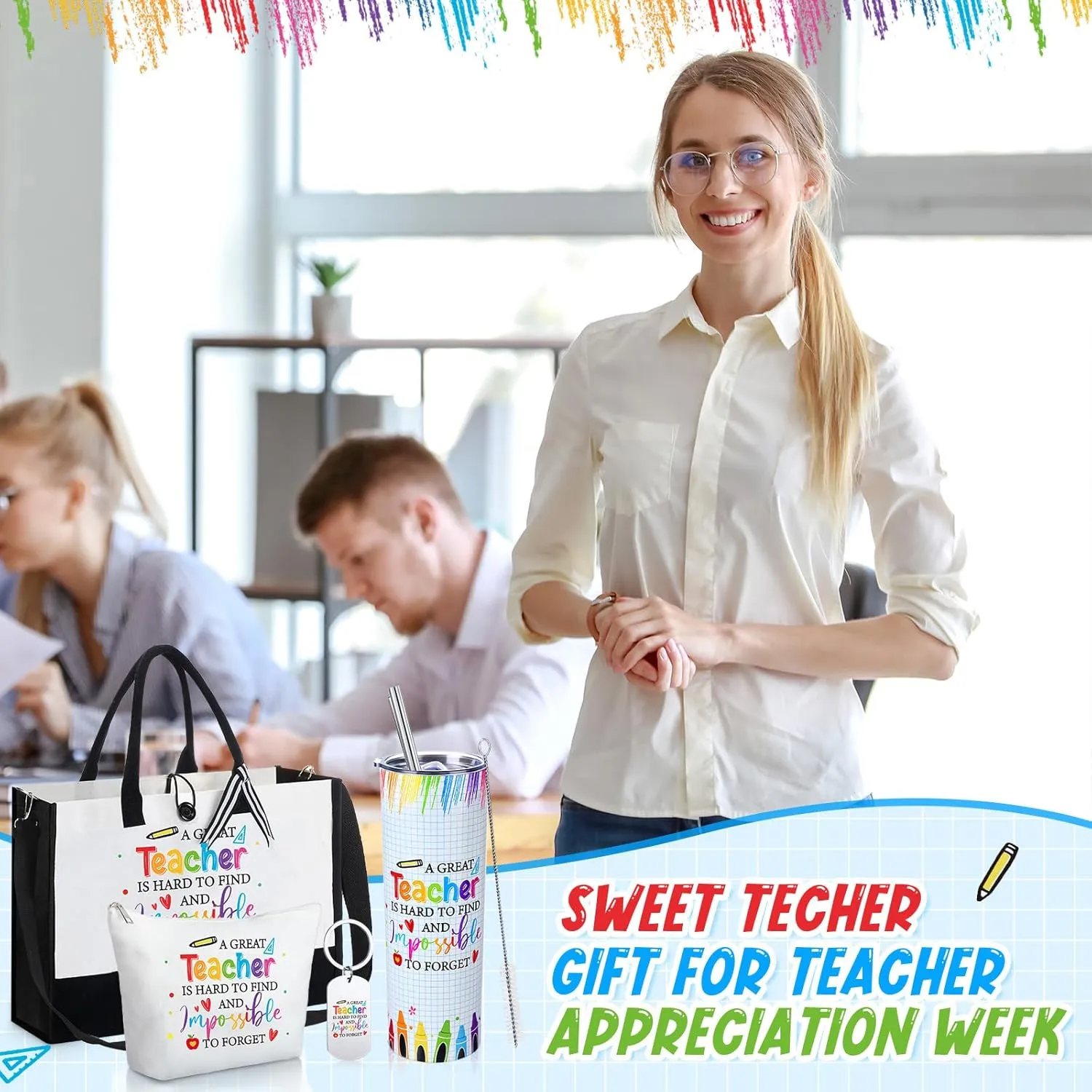 4 Pcs Teacher Appreciation Gifts Set Include 20 oz Vacuum Teacher Tumbler, Appreciation Teacher Tote Bag and Makeup Bag, Keychain Back to School Gifts for Teachers (Classic)