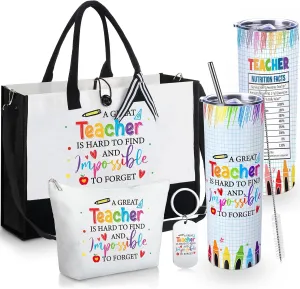 4 Pcs Teacher Appreciation Gifts Set Include 20 oz Vacuum Teacher Tumbler, Appreciation Teacher Tote Bag and Makeup Bag, Keychain Back to School Gifts for Teachers (Classic)
