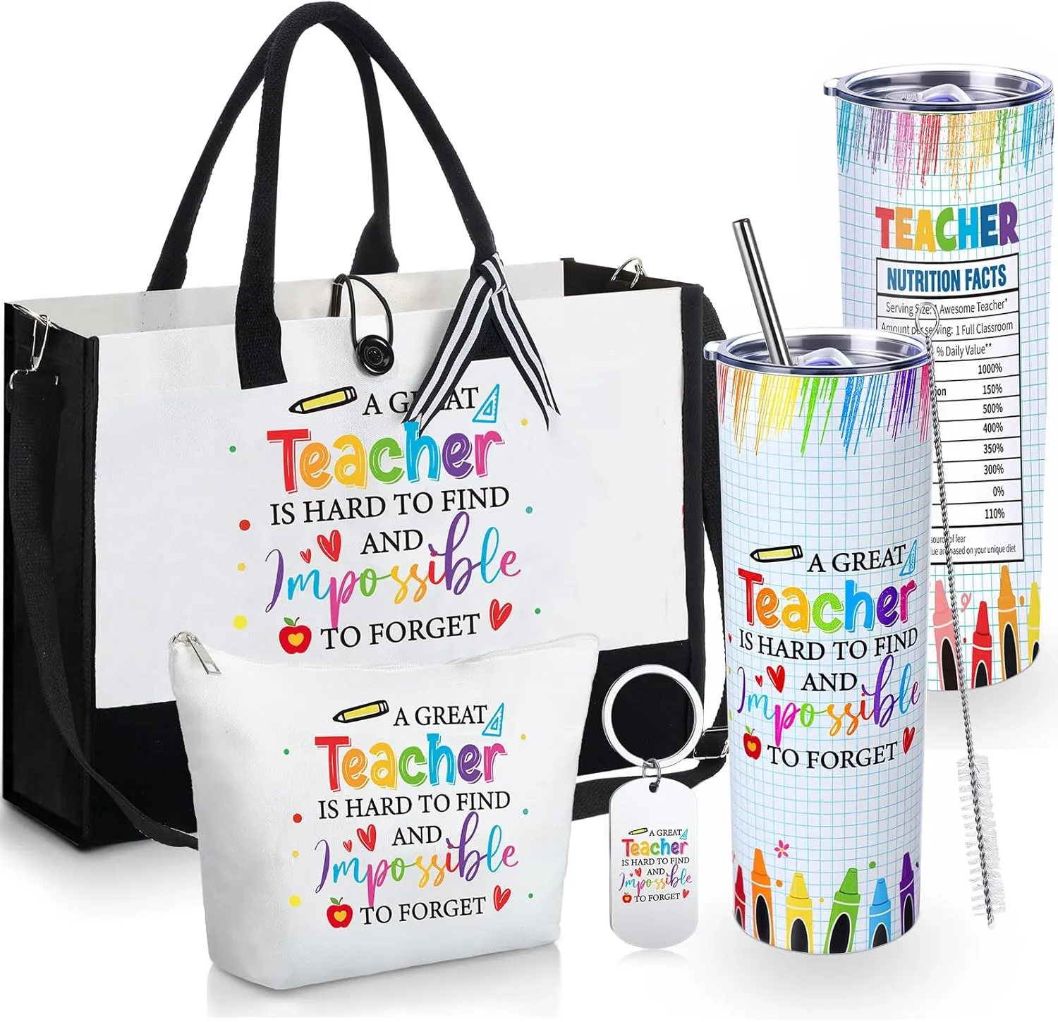 4 Pcs Teacher Appreciation Gifts Set Include 20 oz Vacuum Teacher Tumbler, Appreciation Teacher Tote Bag and Makeup Bag, Keychain Back to School Gifts for Teachers (Classic)