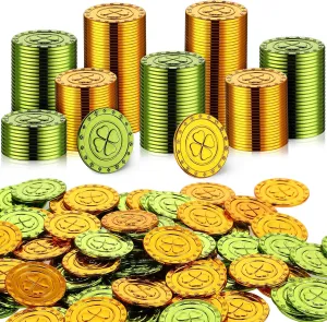 400 Pieces St. Patrick's Day 4 Leaf Clover Coins, Good Luck Coins Green and Gold Coins Plastic Table Sprinkles for Party Supplies St. Patrick's Day Decorations