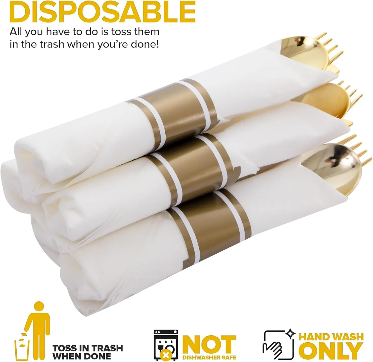 400PCS Pre Rolled Gold Plastic Silverware Sets - Heavy Duty Gold Cutlery - Include 100 Pack Wrapped Disposable Utensils with Napkins for Parties, Dinners & Weddings