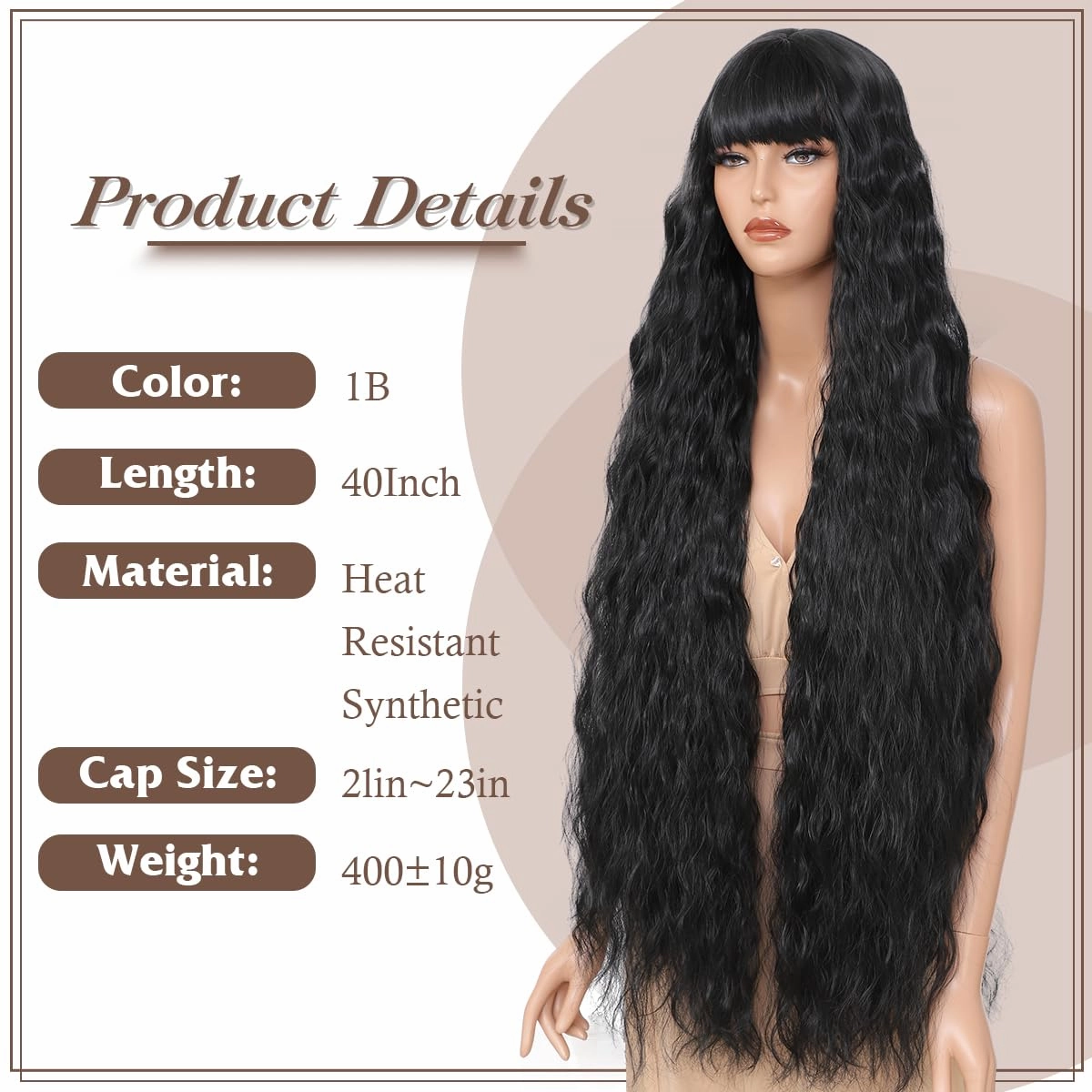 40 Inch Long Wavy Wig with Bangs for Women, Long Black Wig with Bangs, Natural Looking Synthetic Heat Resistant Hair, Wigs for Daily Party and Halloween