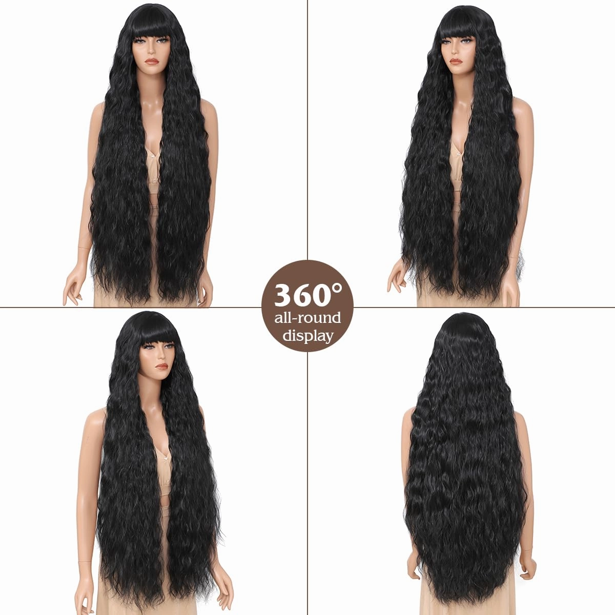 40 Inch Long Wavy Wig with Bangs for Women, Long Black Wig with Bangs, Natural Looking Synthetic Heat Resistant Hair, Wigs for Daily Party and Halloween
