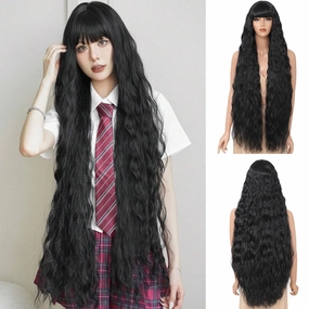 40 Inch Long Wavy Wig with Bangs for Women, Long Black Wig with Bangs, Natural Looking Synthetic Heat Resistant Hair, Wigs for Daily Party and Halloween