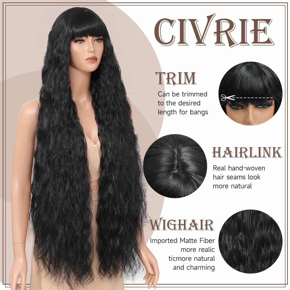 40 Inch Long Wavy Wig with Bangs for Women, Long Black Wig with Bangs, Natural Looking Synthetic Heat Resistant Hair, Wigs for Daily Party and Halloween
