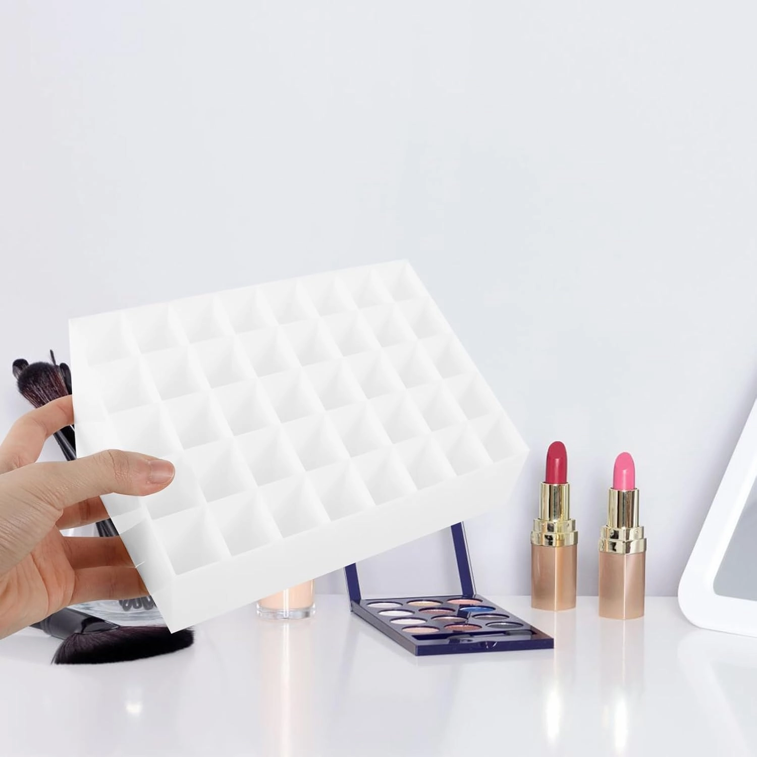 40-Slot Lipstick Organizer Cosmetic Display Rack for Home & Salon - Space-Saving & Easy to Clean - for Makeup Lovers & Professionals (White)