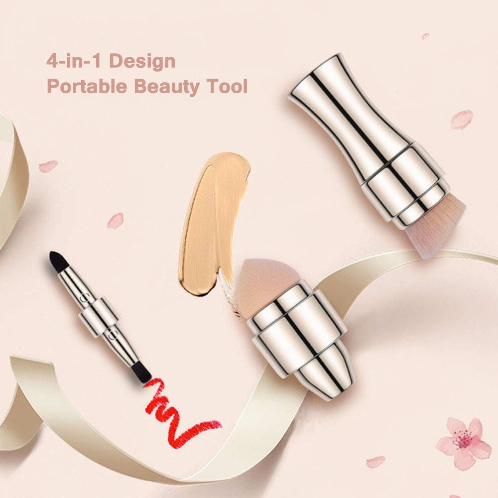 4 in 1 Retractable Cosmetic Brushes Set,Portable Foundation Blush Smudge Brush Tool Lip Brush,Contour & Blush Brush,Mini Facial Cosmetic Makeup Brush (B)