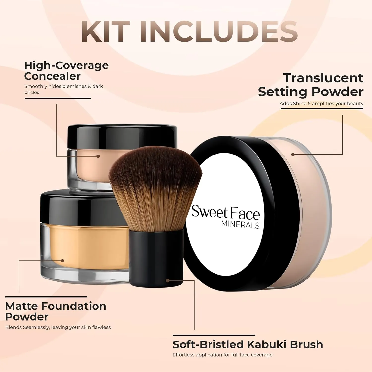 4pc Full Size Kit (Beige Shade) Mineral Makeup Matte Translucent Loose Foundation   Kabuki Brush   Concealer   Finishing Setting Powder   Bare Face Full Coverage SPF 30 All Skin Types Waterproof