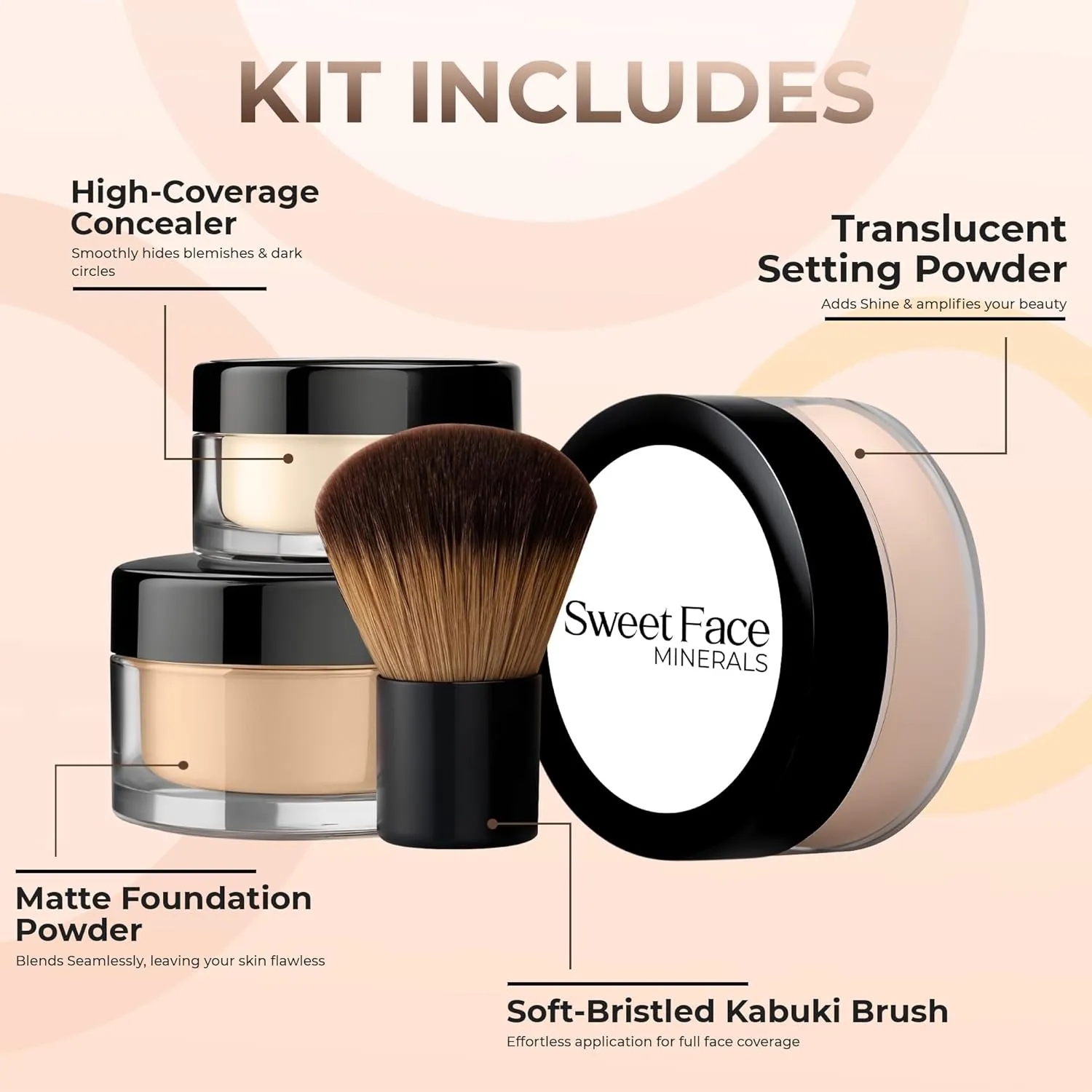 4pc Full Size Kit (Fair 1) Mineral Makeup Matte Translucent Loose Foundation   Kabuki Brush   Concealer   Finishing Setting Powder   Bare Face Full Coverage SPF 30 All Skin Types Waterproof