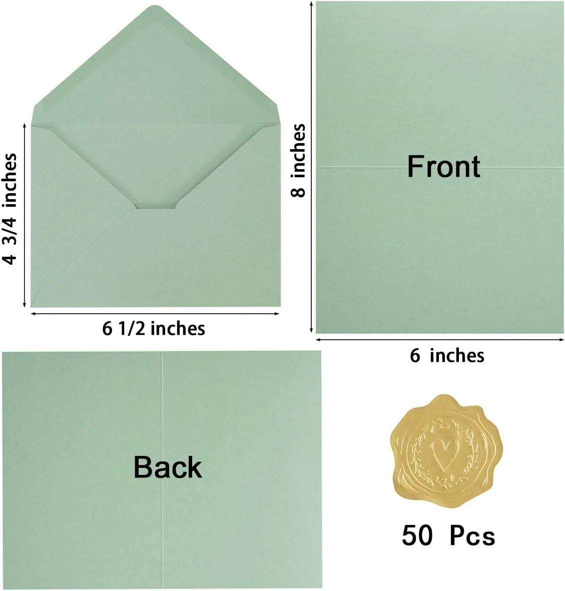 50 Pack Sage-Green A6 Envelopes with Cards 4x6 Thick Folded Cardstock and Gold Stickers for Greeting Cards, Wedding, Birthday, Invitations, Baby Showers (Sage-Green, 4x6)