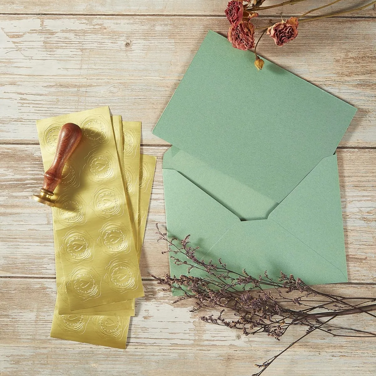 50 Pack Sage-Green A6 Envelopes with Cards 4x6 Thick Folded Cardstock and Gold Stickers for Greeting Cards, Wedding, Birthday, Invitations, Baby Showers (Sage-Green, 4x6)