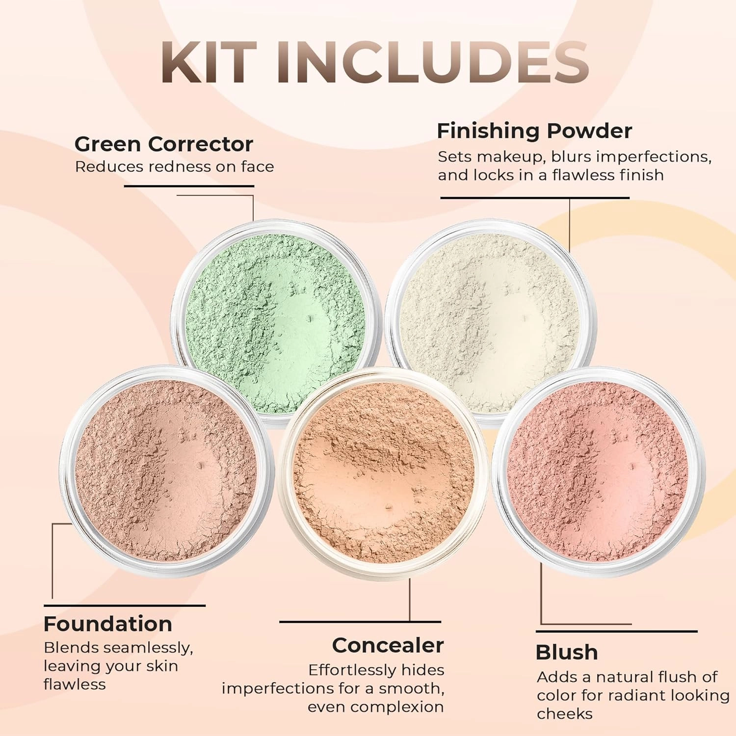 5pc KIT Mineral Makeup Bare Face Set Full Coverage Concealer Blush Foundation Illuminating Powder (Light Tan)
