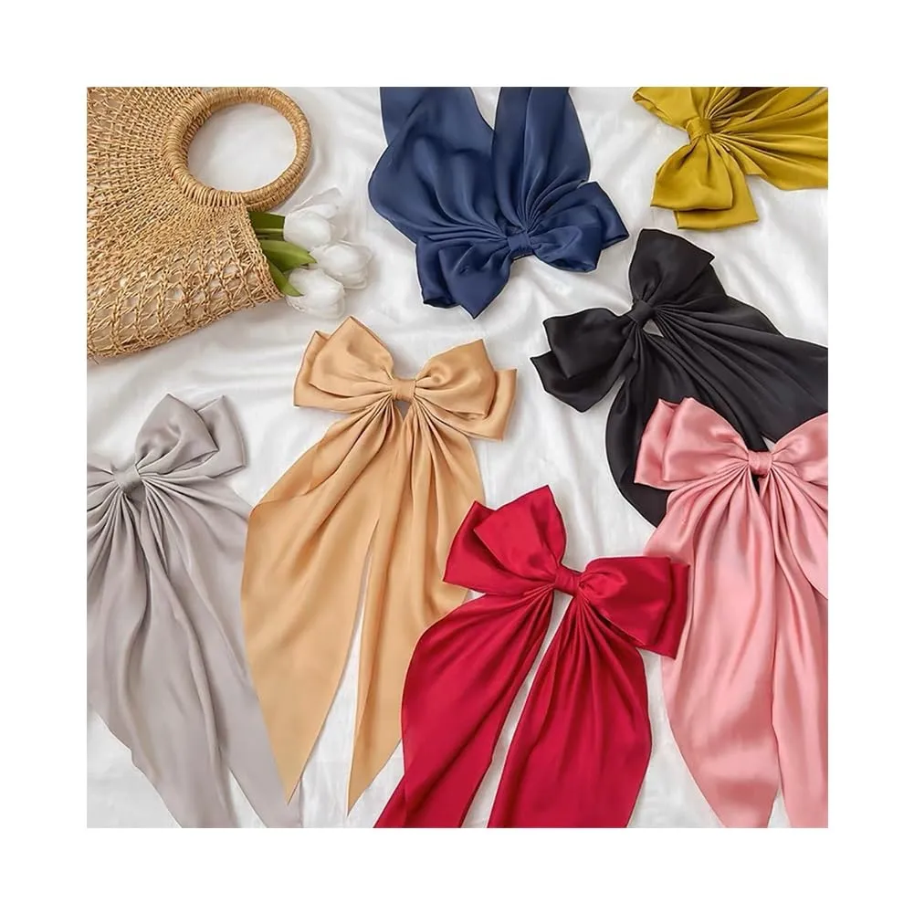5Pcs Large Bow Hair Clips Oversized Satin Silky Hair Bow Clips with Long Tail Giant Coquette Bows Hair Accessories for Women Girls, Bright Orange