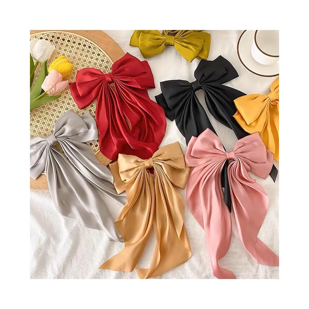 5Pcs Large Bow Hair Clips Oversized Satin Silky Hair Bow Clips with Long Tail Giant Coquette Bows Hair Accessories for Women Girls, Bright Orange