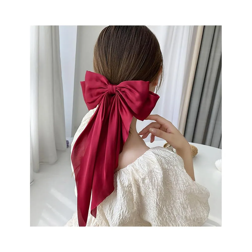 5Pcs Large Bow Hair Clips Oversized Satin Silky Hair Bow Clips with Long Tail Giant Coquette Bows Hair Accessories for Women Girls, Bright Orange