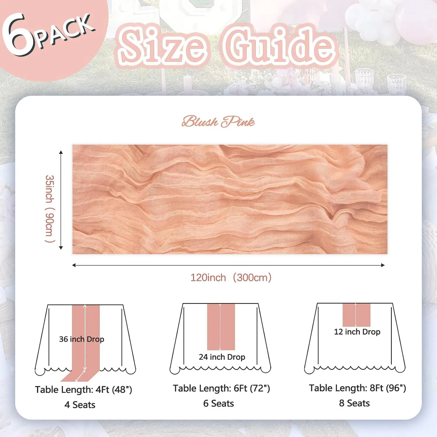 6 Pack Blush Pink Cheesecloth Table Runner 10ft Boho Gauze Fabric Cheese Cloth Table Runner 35 x 120 Inch Rustic Sheer Runner for Romantic Wedding Decor Baby Shower Party Table Decoration
