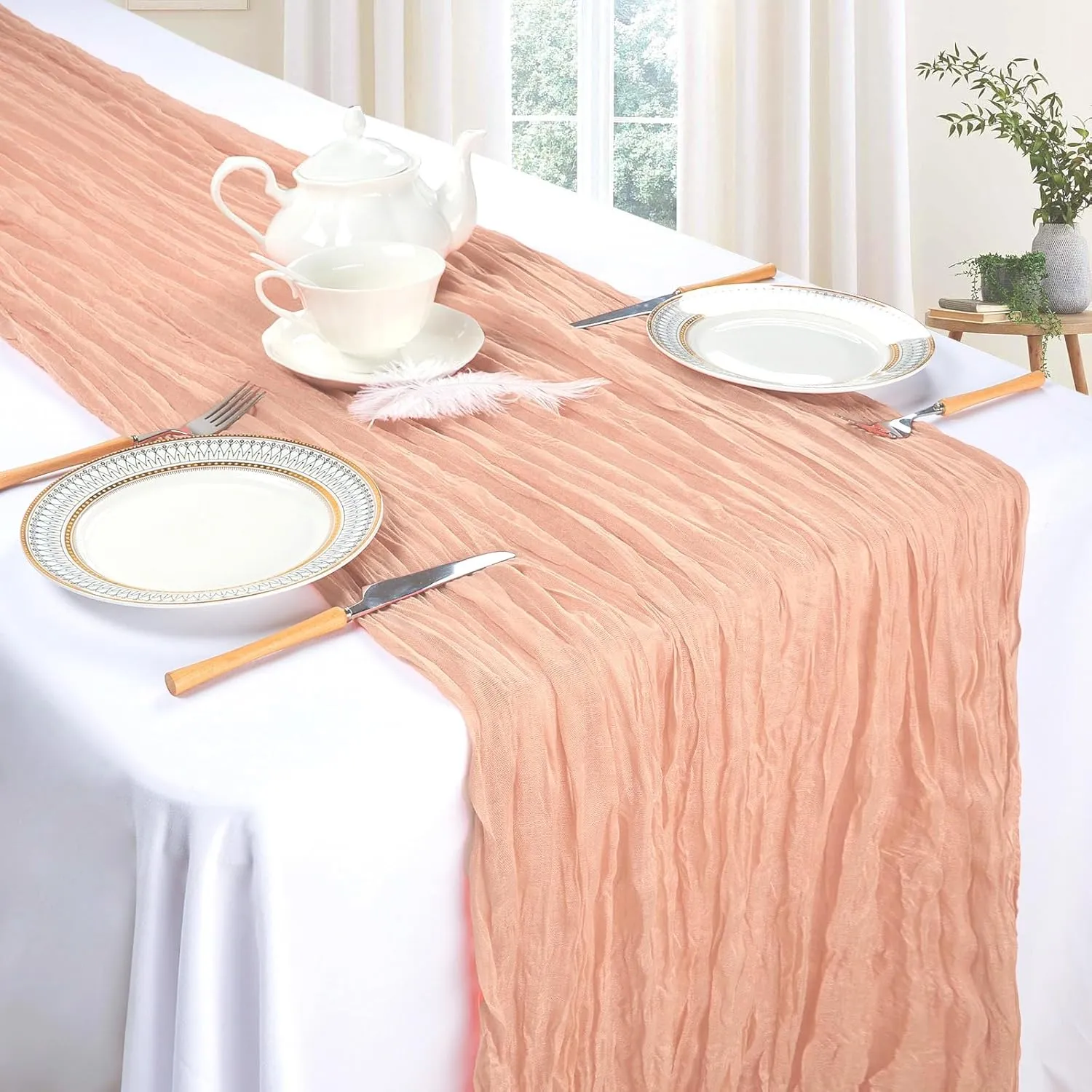 6 Pack Blush Pink Cheesecloth Table Runner 10ft Boho Gauze Fabric Cheese Cloth Table Runner 35 x 120 Inch Rustic Sheer Runner for Romantic Wedding Decor Baby Shower Party Table Decoration