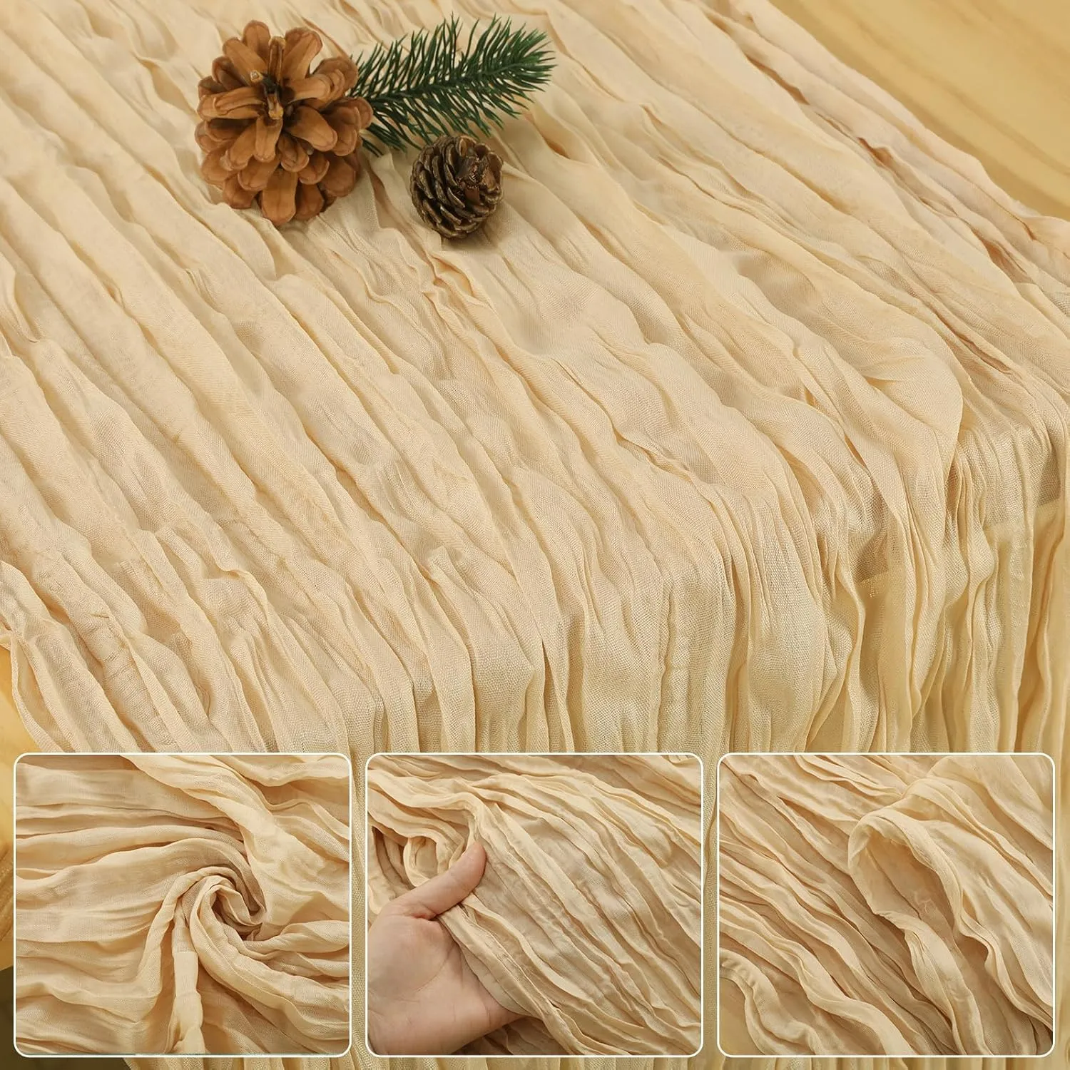 6 Pcs 10 FT Champagne Cheesecloth Table Runner, 120 Inch Boho Cheese Cloth Table Runners for Bridal Shower Wedding Table Decor Baby Shower Decorations for Party